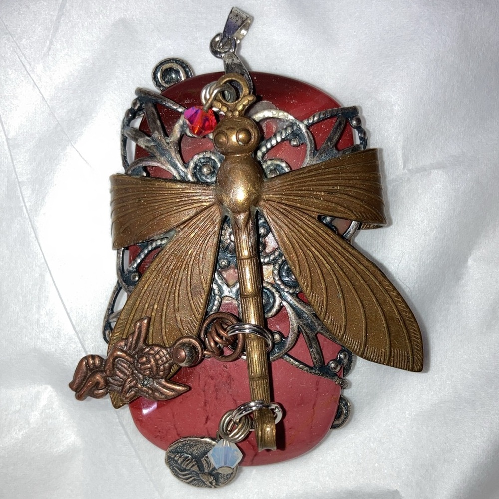 2 pcs Funky Unique Handmade Mixed Metal Dragonfly Pendant & Cuff Bracelet